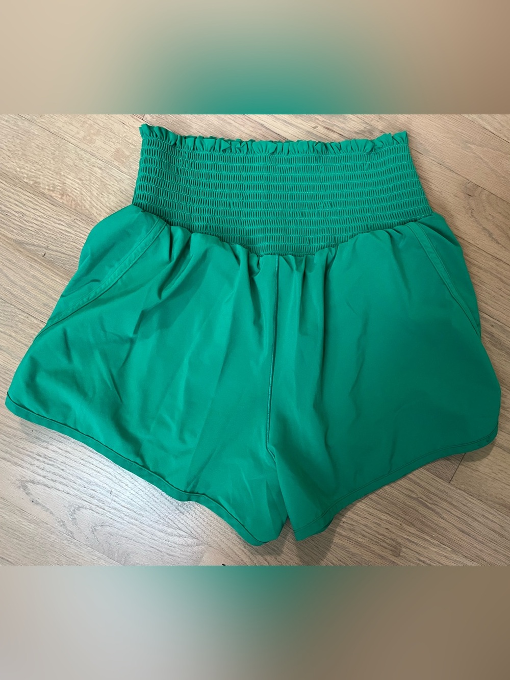 aerie Emerald High-Waist Smocked Waist Shorts